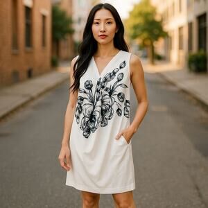 Kay Unger sz 10 white black floral A line dress with pockets sleeveless